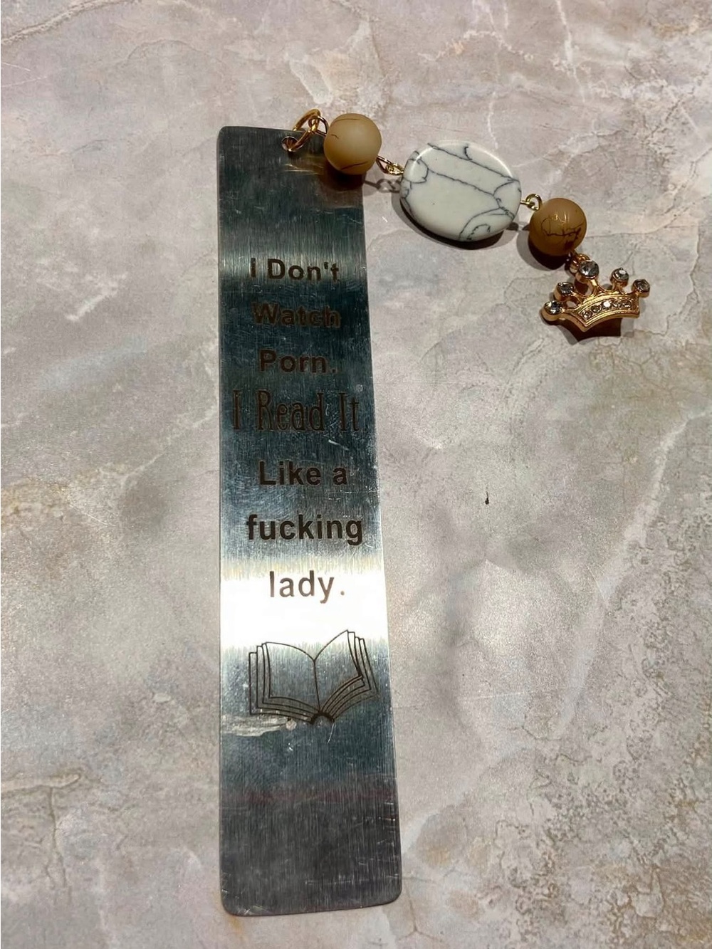 Hand Crafted Silver Metal Bookmark with Cream Beads and Gold Crown Charm
